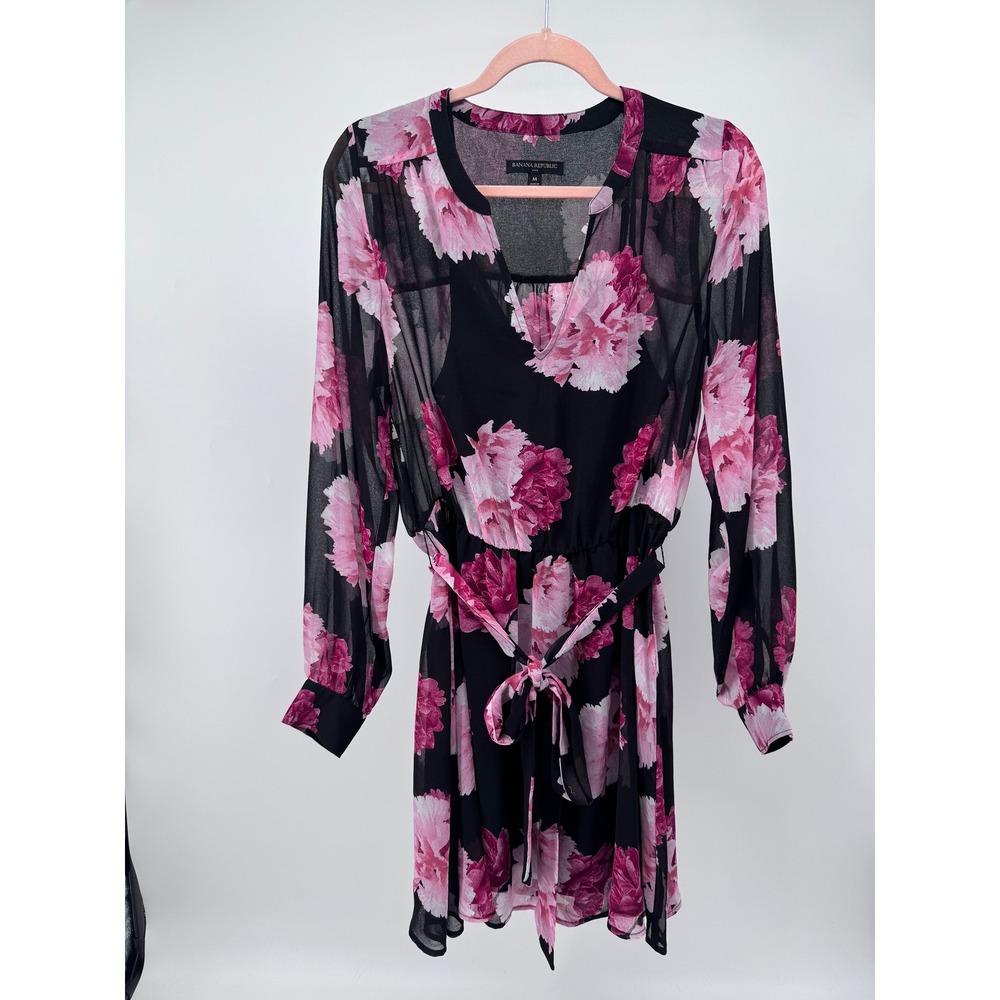 Banana Republic Pink Peony Floral Chiffon Mini Dress Black Long Sleeve Belted M